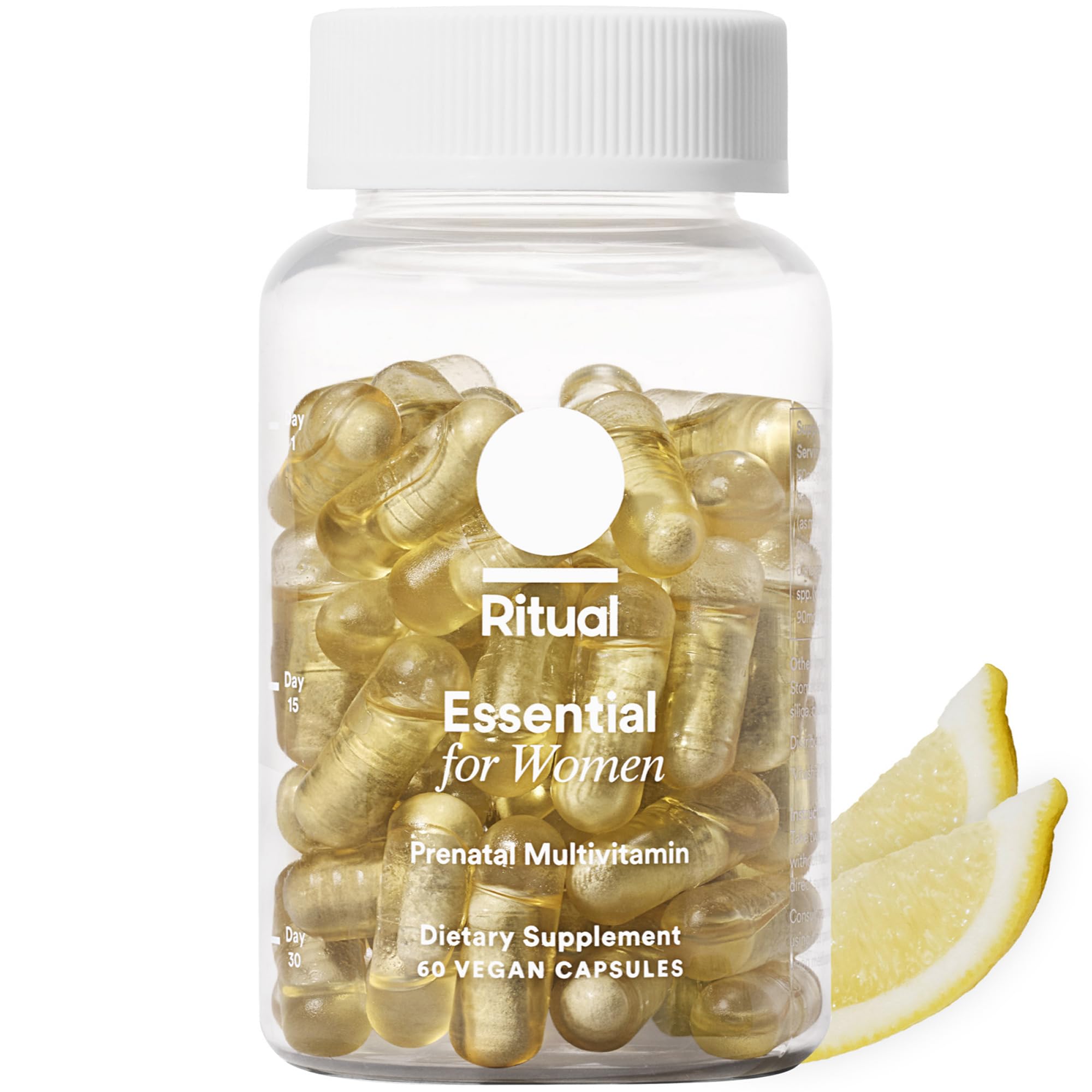 Ritual Essential Prenatal bottle closeup with citrus tab for easy daily intake.