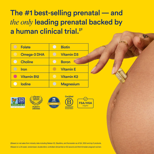 Close-up of vegan citrus-flavored prenatal capsules