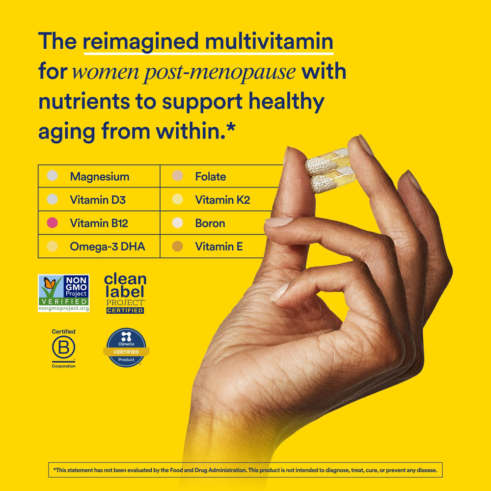 Ritual multivitamin Women 50+ label close-up highlights vegan, non-GMO ingredients.