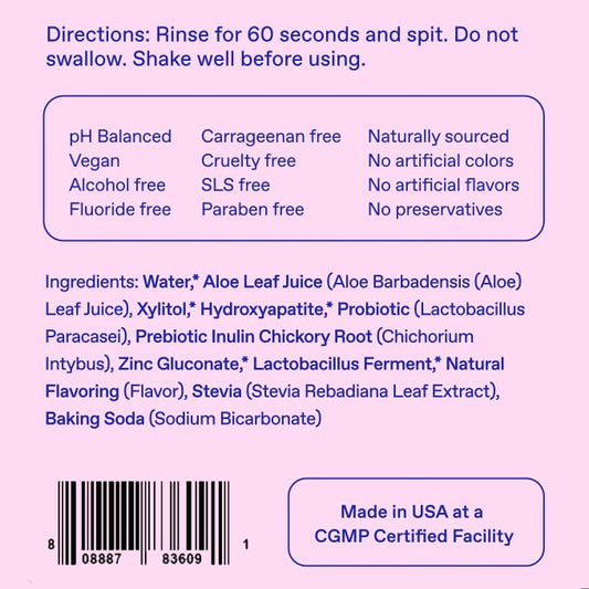 Riven Probiotic Mouthwash bottle – back label with ingredients