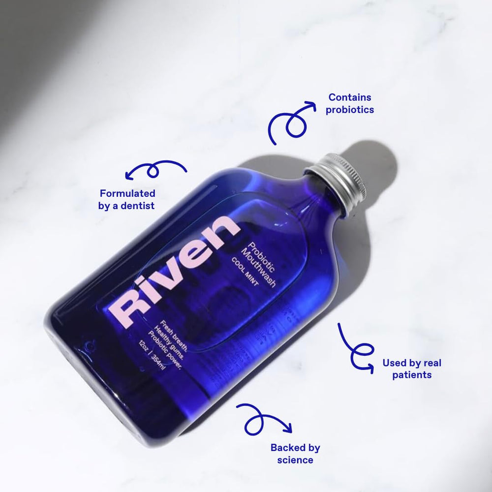 Ingredients list close-up on Riven Probiotic Mouthwash