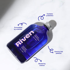 Ingredients list close-up on Riven Probiotic Mouthwash