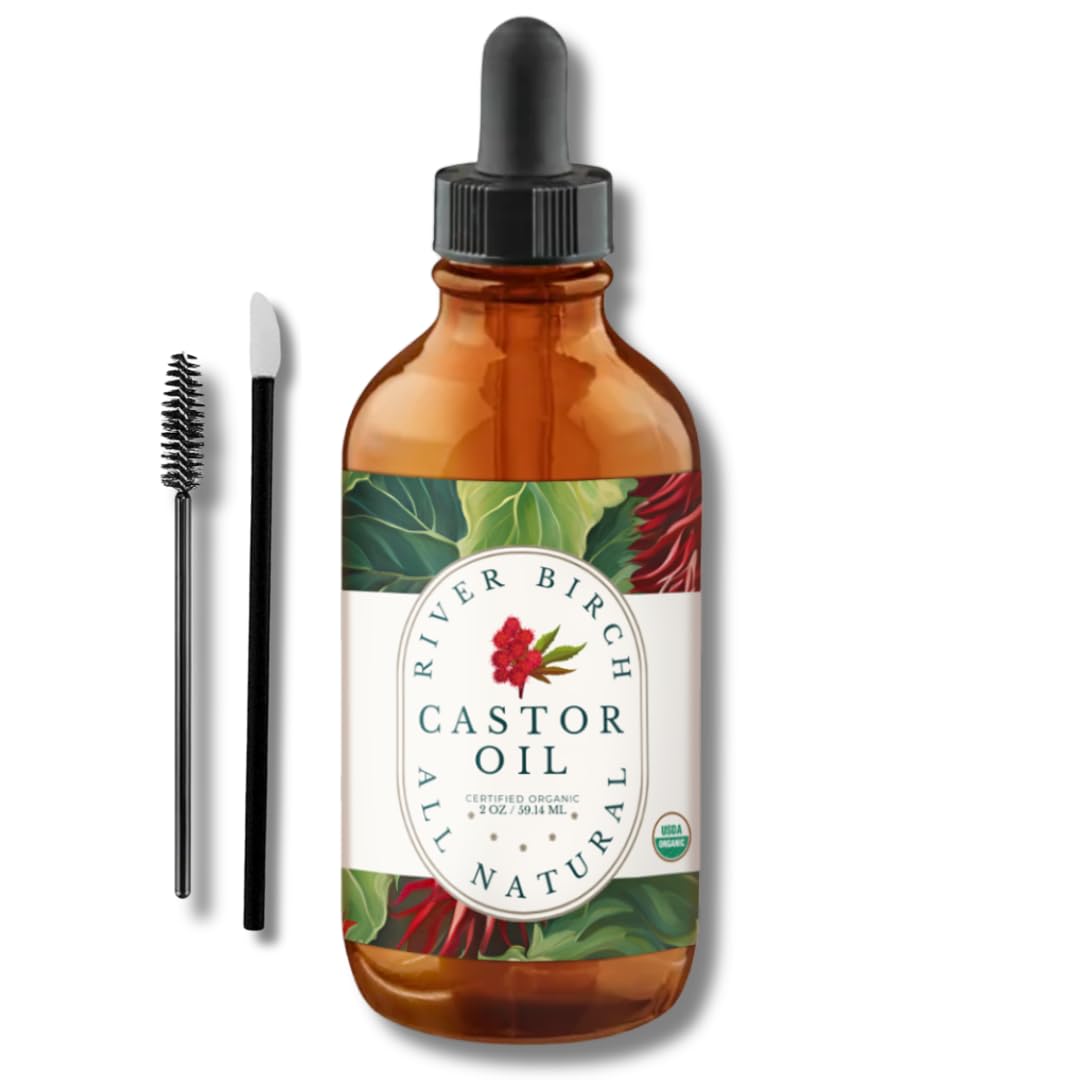 River Birch Organic Castor Oil 2oz bottle for hair conditioning and scalp nourishment.