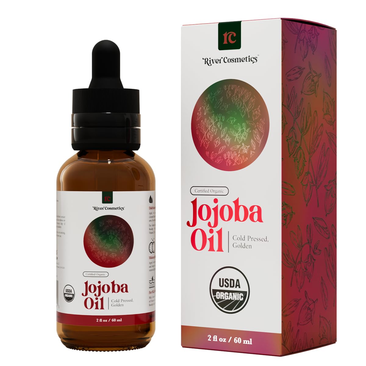 River Cosmetics Jojoba Oil bottle closeup, pure oil for skin and hair care.