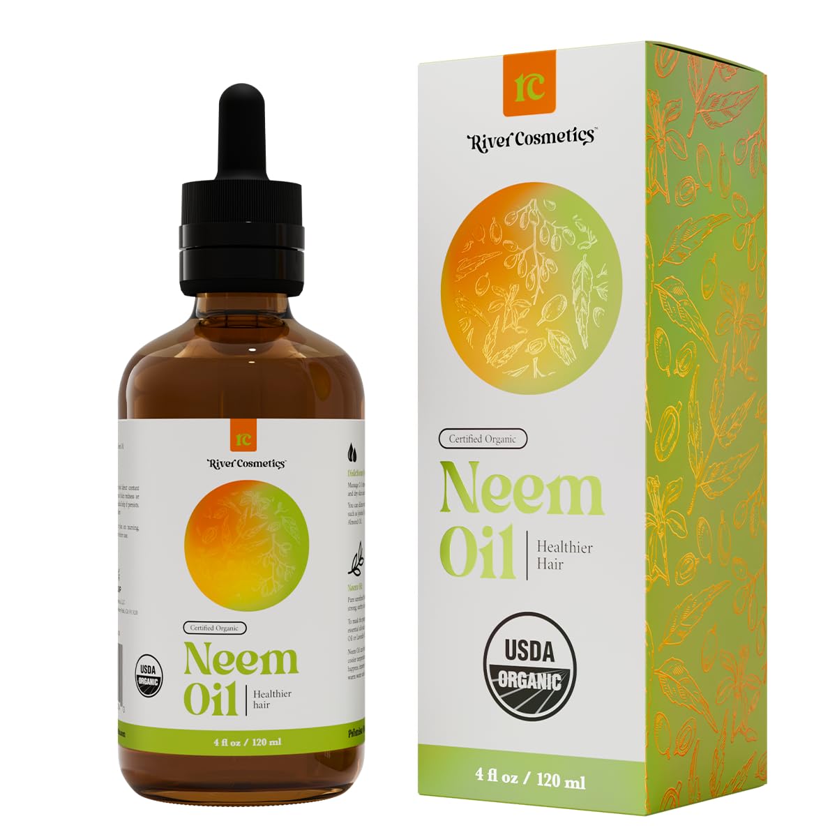 River Cosmetics Organic Neem Oil bottle close-up for skincare and hair care.