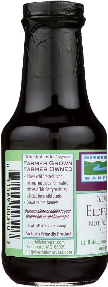Glass bottle of Elderberry Juice with fresh elderberries nearby