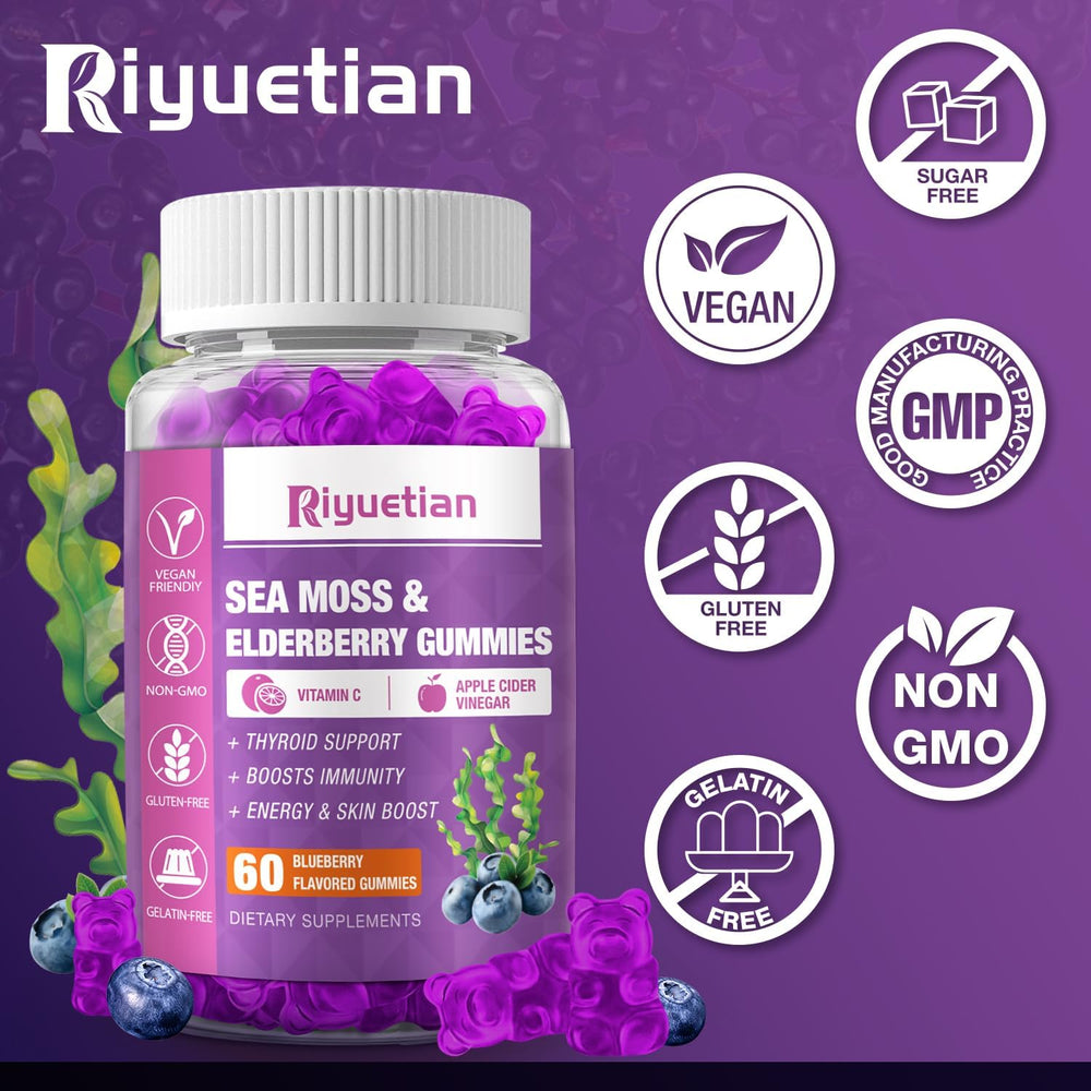 Blueberry flavored gummies in a clear bottle