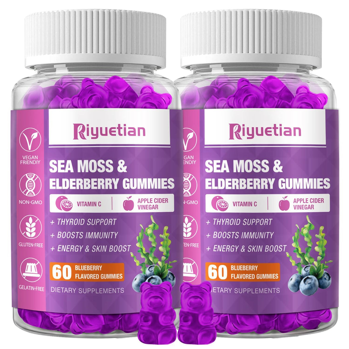 Riyuetian Sea Moss & Elderberry Gummies Blueberry flavor close-up bottle