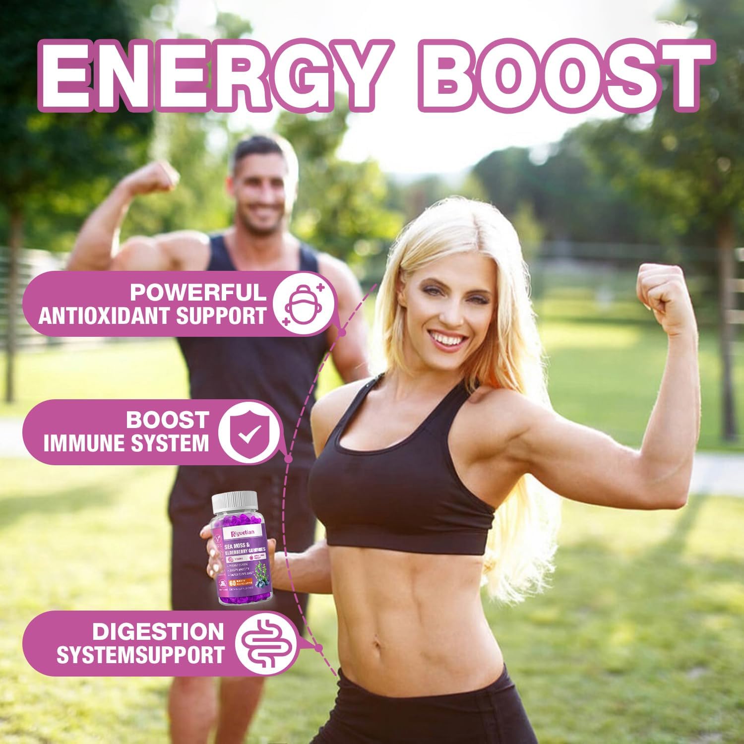 Product pack shot showing Riyuetian Sea Moss & Elderberry Gummies two bottles