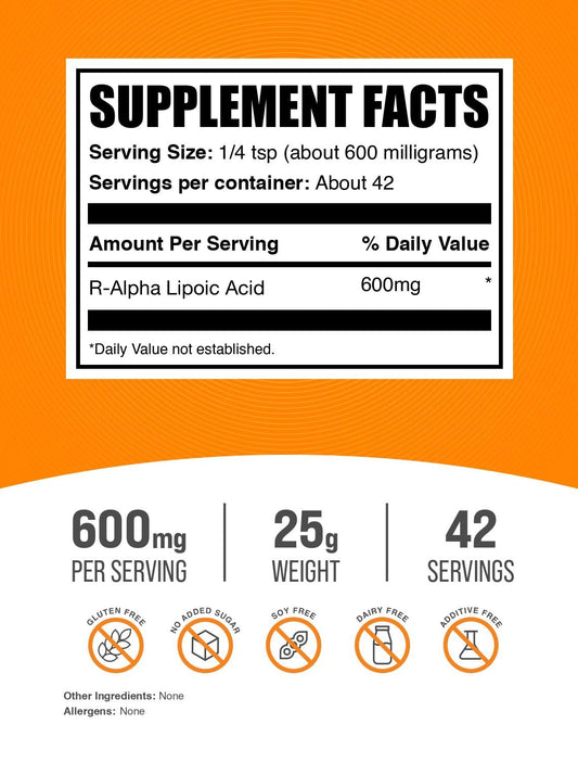 Unflavored R-ALA powder in a 25g pack with scoop