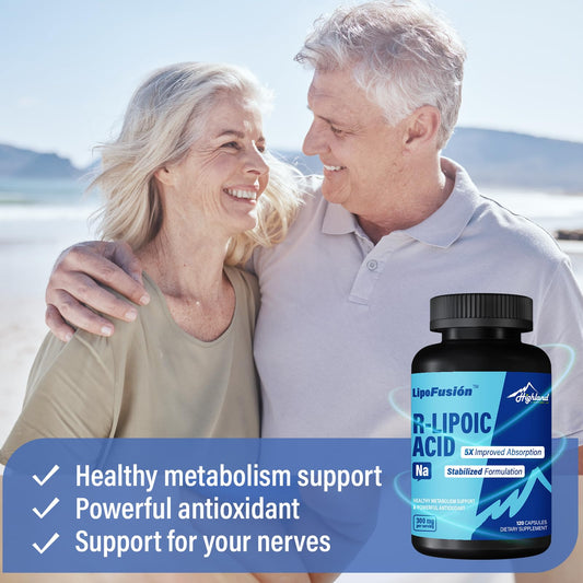 Back label with supplement facts for R-Lipoic Acid Sodium 300mg