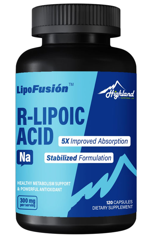 Front view of Highland Nutritional Lab R-Lipoic Acid Sodium 300mg bottle