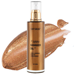 RMYHIG Shimmer Body Oil bottle on a vanity showing rich glow for sunlit moments