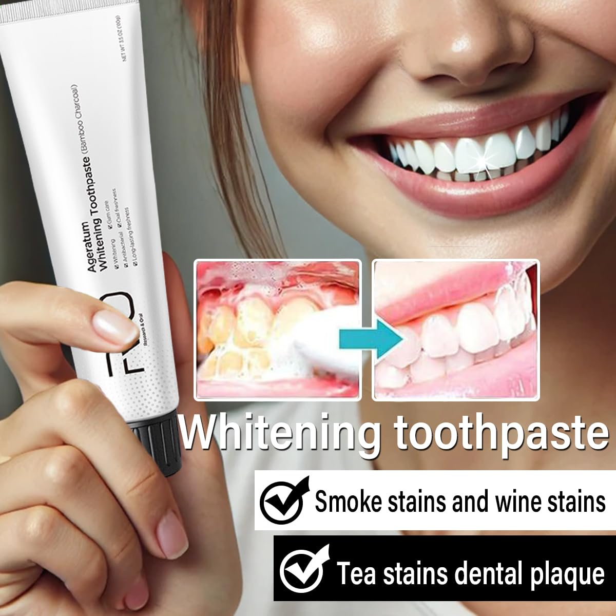 Product packaging and two toothpaste tubes on white background