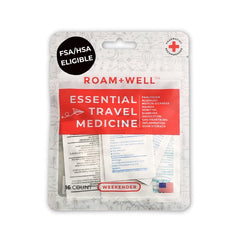 Roamwell essential travel medicine kit flatlay showing ultra-compact design for on-the-go packing