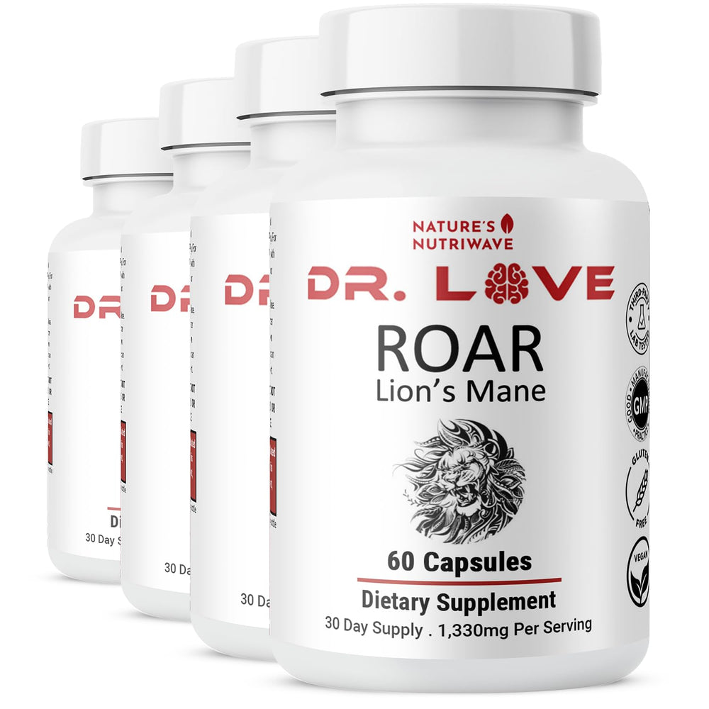 Bottle label showing ROAR Lion’s Mane Mushroom Supplement, 60 capsules