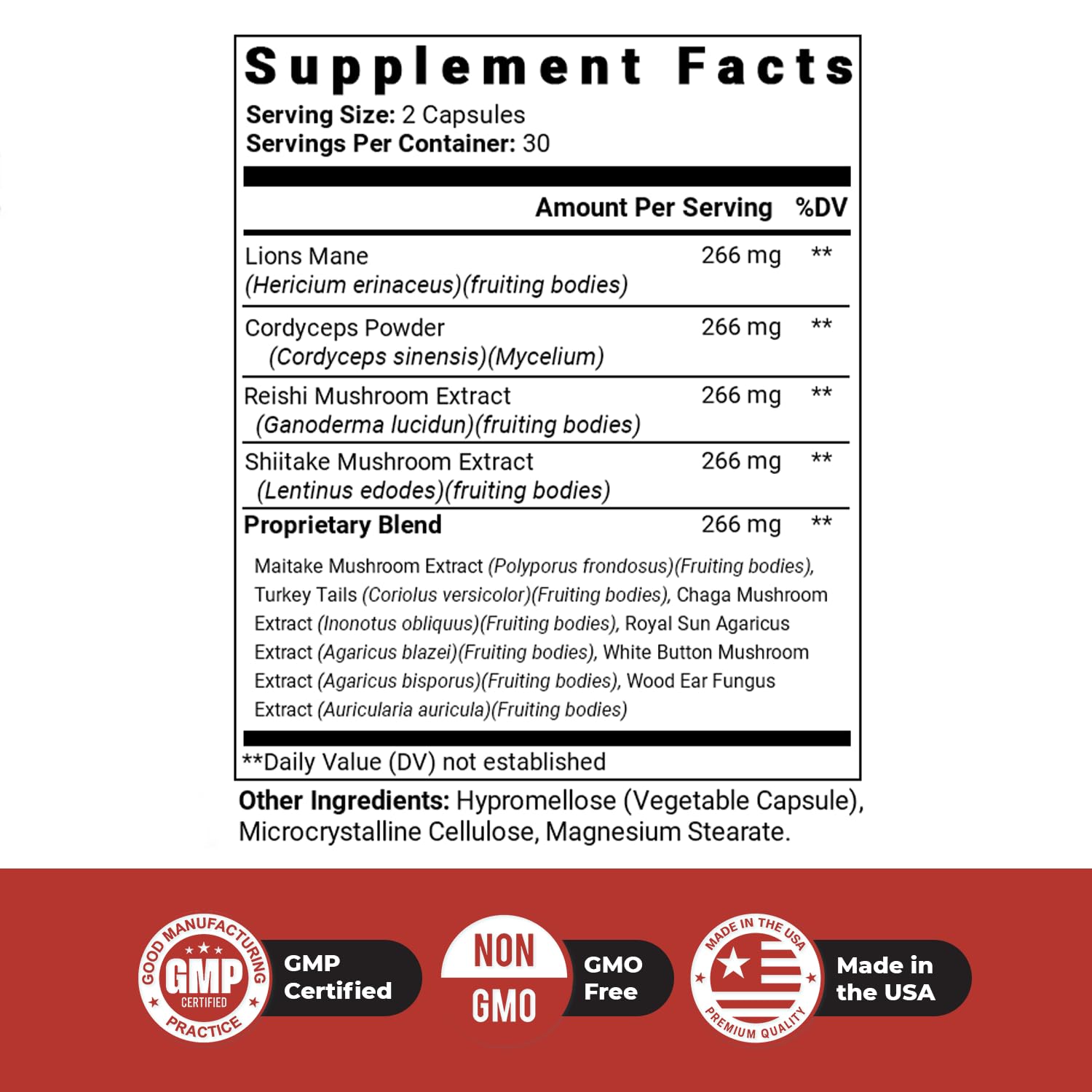 Gluten-free, vegan mushroom supplement produced in a GMP-certified USA facility