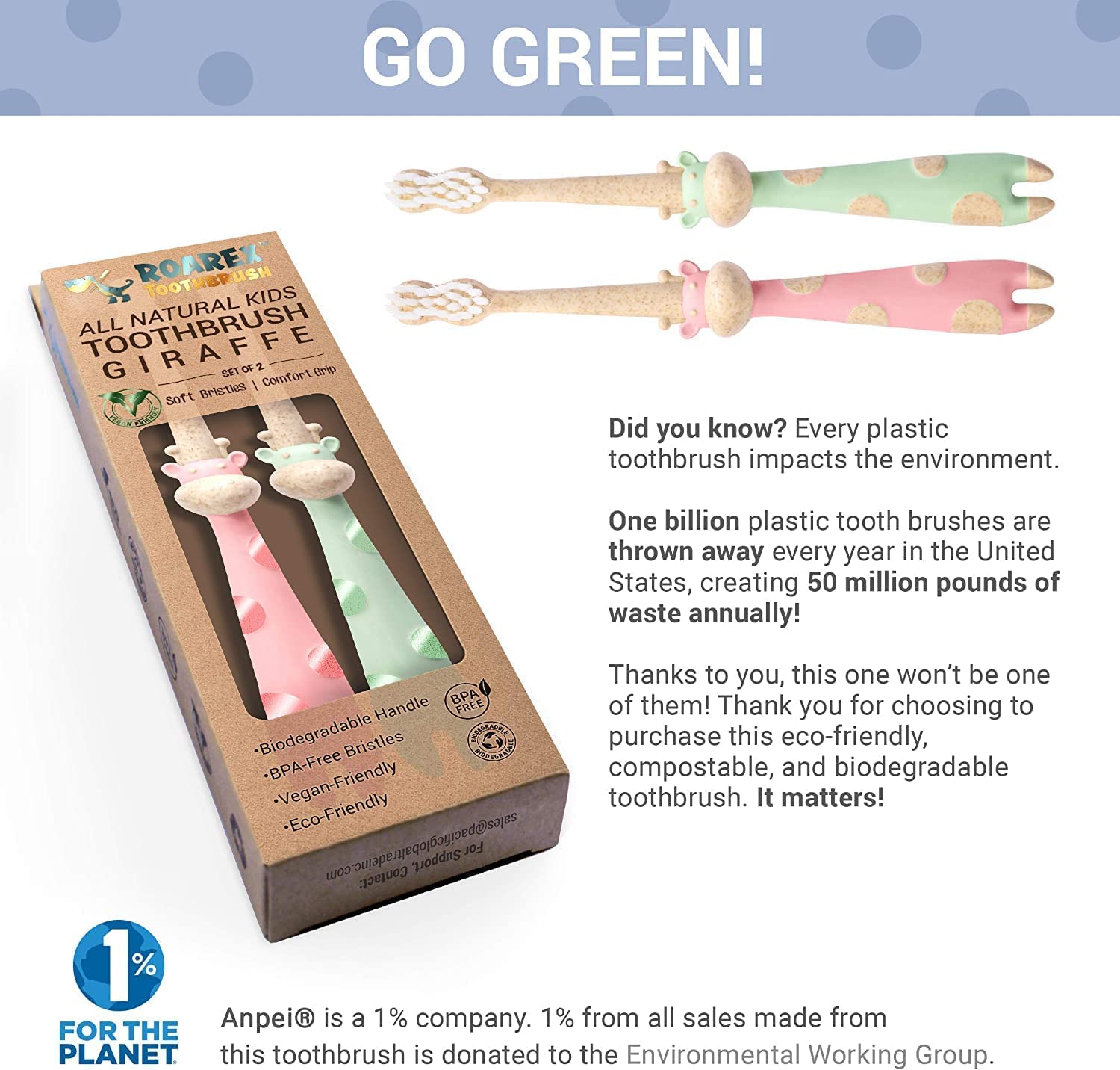 Pack shot of ROARex All-Natural Kids Toothbrushes 4-pack