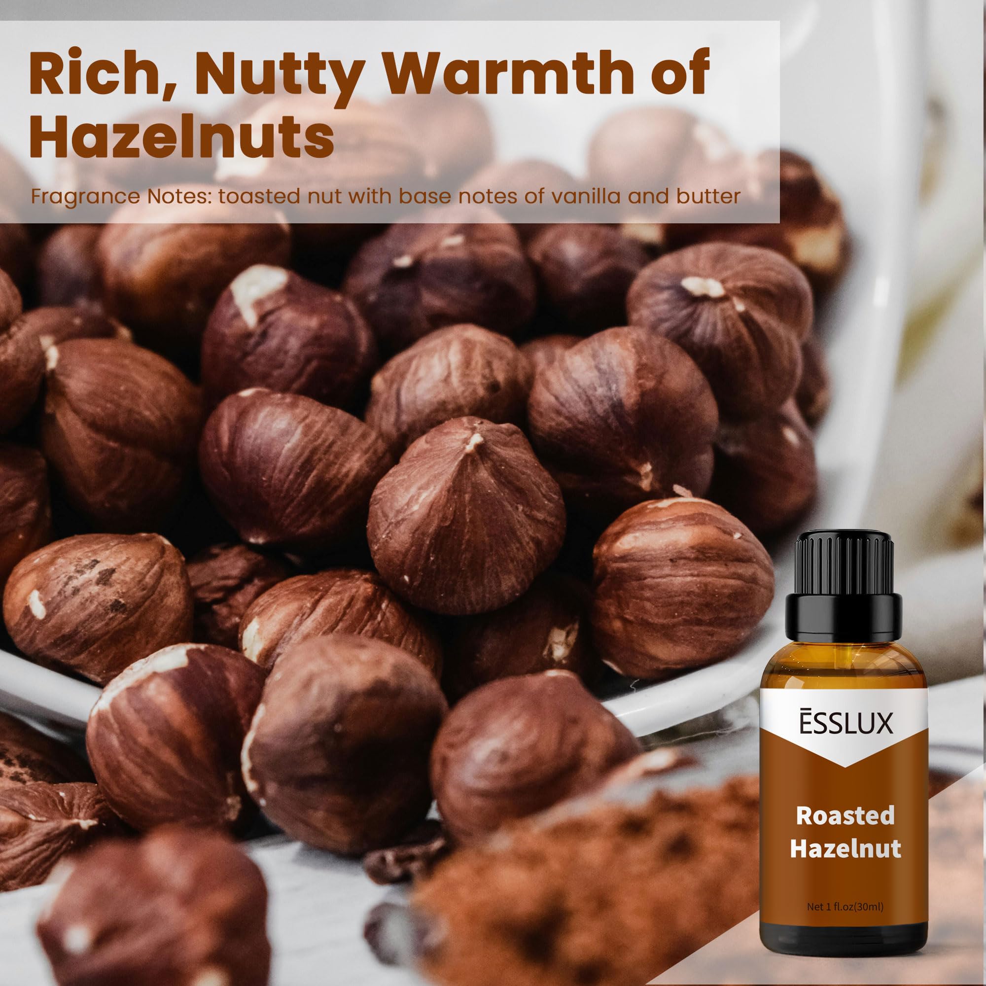 Close-up of roasted hazelnut fragrance oil in amber bottle