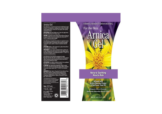 Robert Research Laboratories Arnica Gel label detail for easy, on-the-go application.