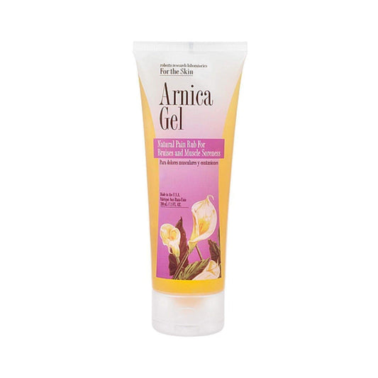 Robert Research Laboratories Arnica Gel tube closeup for soothing skin comfort after minor irritations.