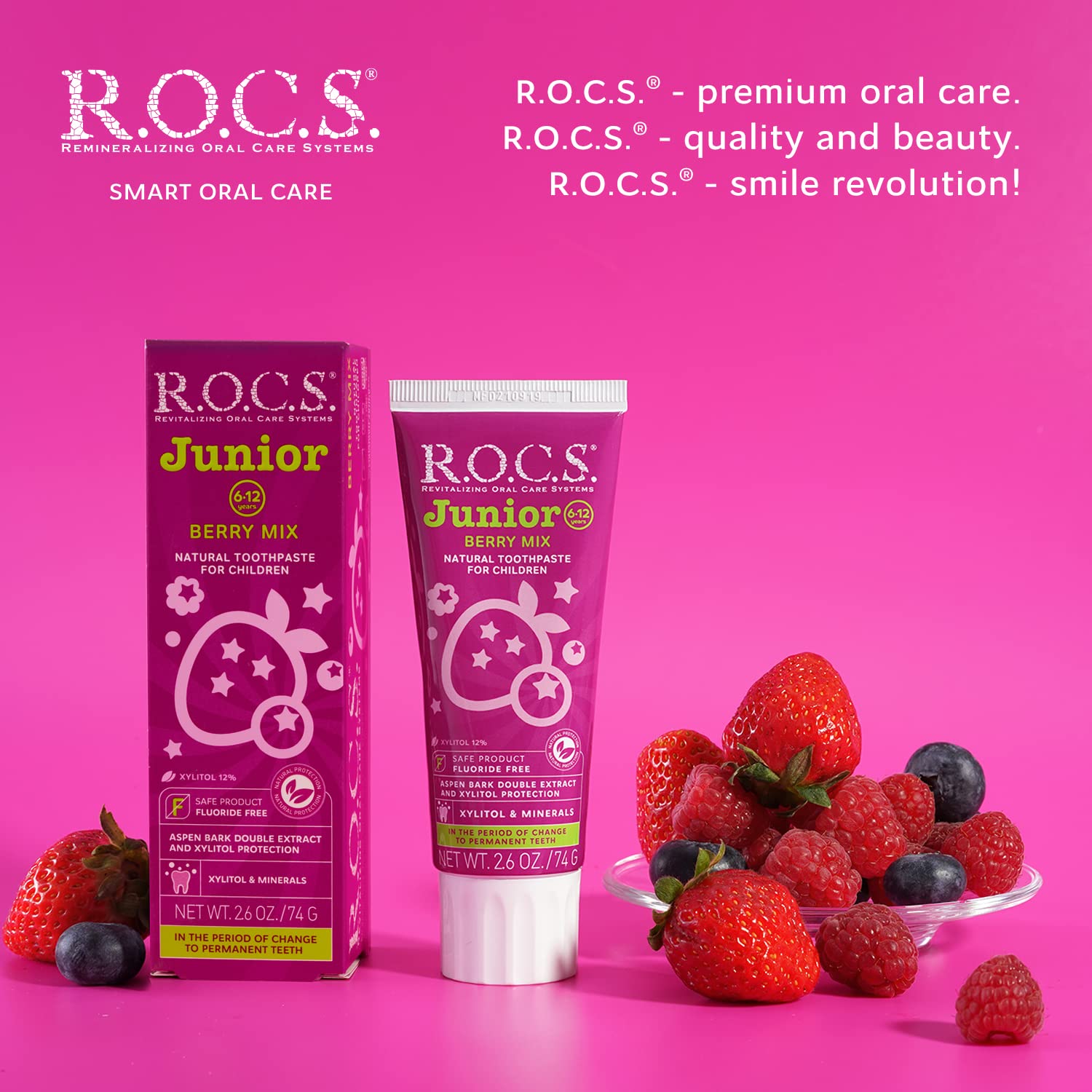 Product label for R.O.C.S. Junior Toothpaste Berry Mix