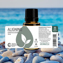 Rocky Mountain Oils Aligning bottle label—premium blend notes for mindful relaxation