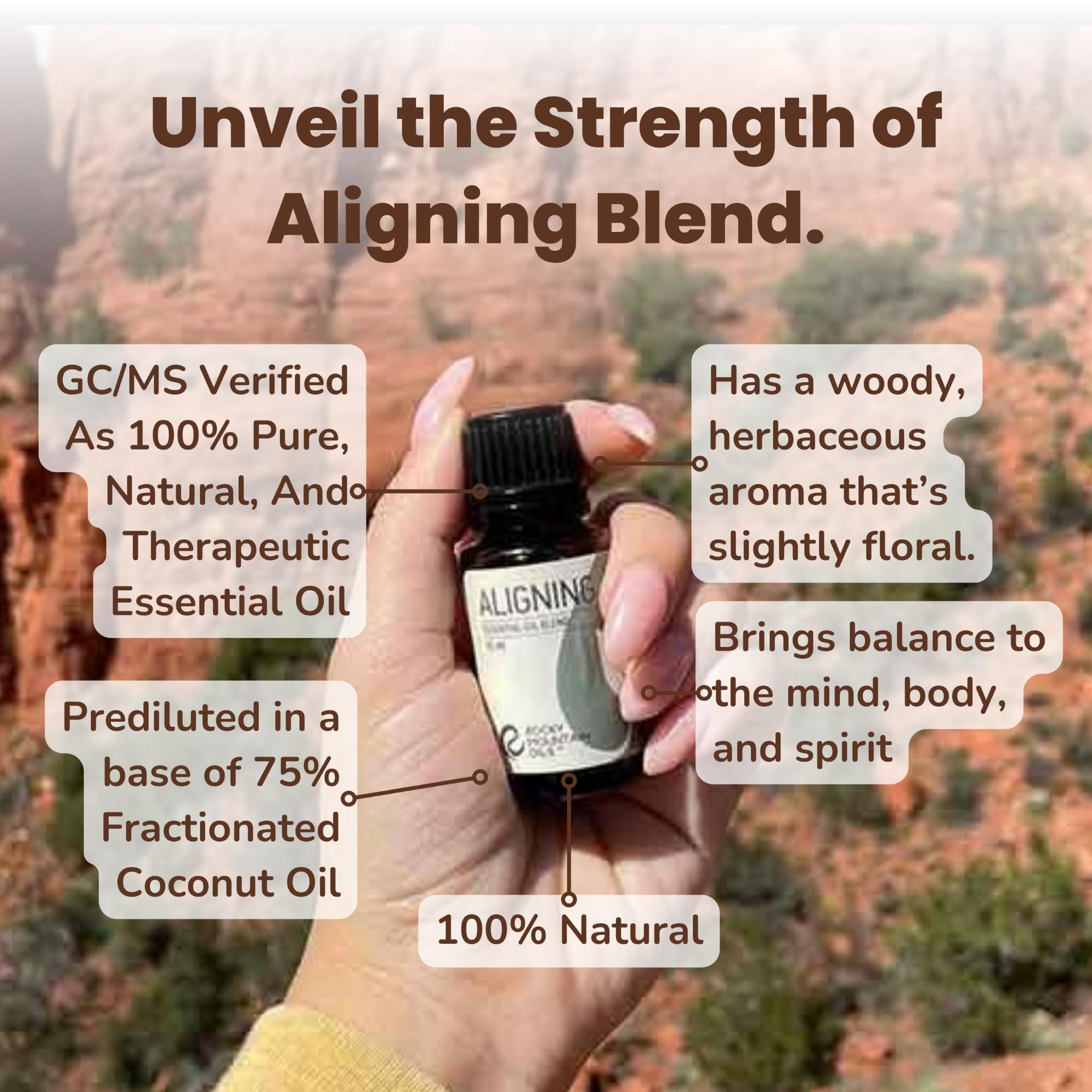 Rocky Mountain Oils Aligning drops close-up—rich aroma supporting balance during busy days