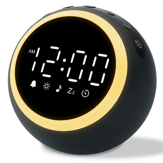 Rohent alarm clock front view showing compact all-in-one bedside device for organized sleep setup