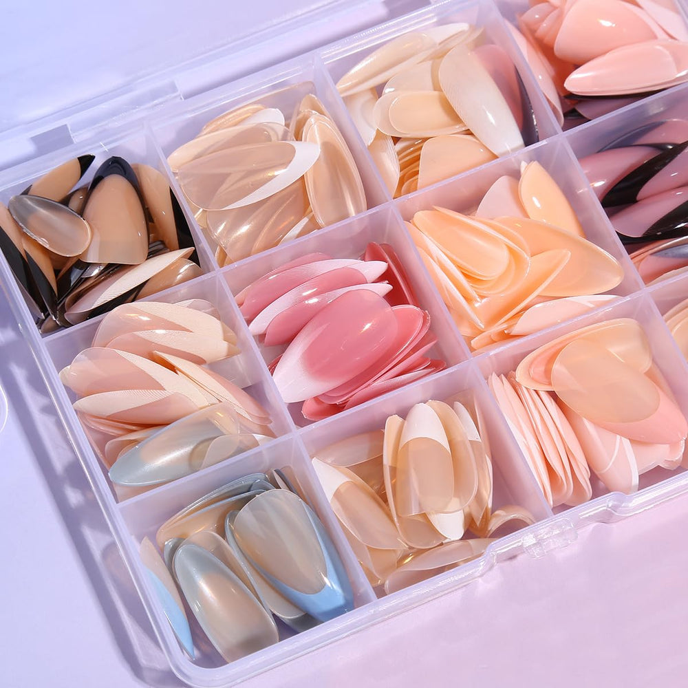 Rokhevn medium glossy skin-tone nails showing luxe shine.