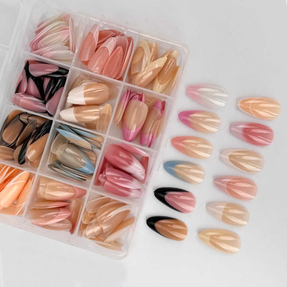 Rokhevn almond-shaped press-on nails close-up, flexible gel finish.