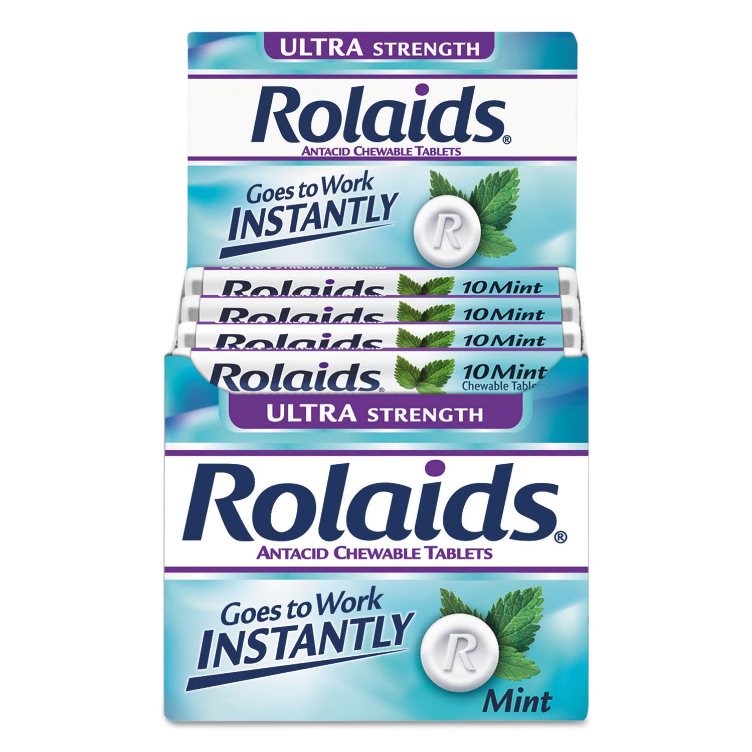 Rolaids mint chewables close-up showing convenient on-the-go relief.