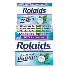 Rolaids mint chewables close-up showing convenient on-the-go relief.