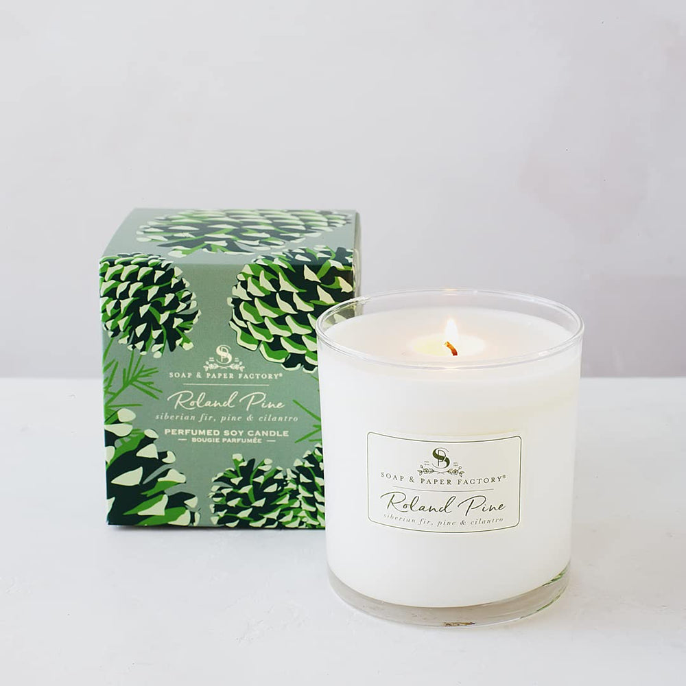Roland Pine candle burning to reveal forest-inspired scent