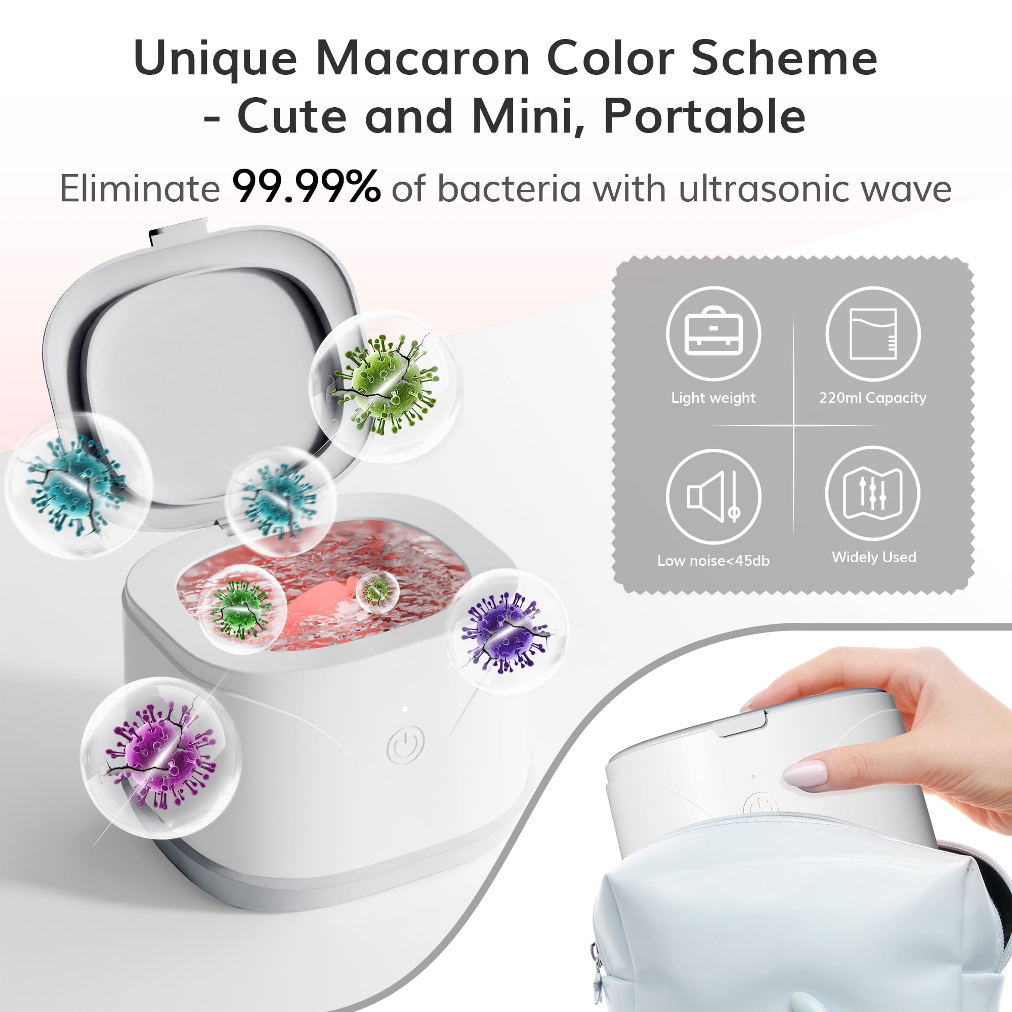 Compact portable design of ROLWAY retainer cleaner on bathroom counter