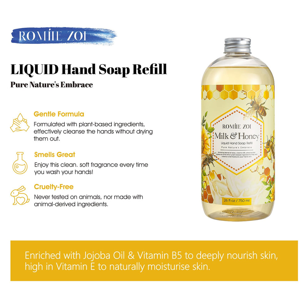 ROMIIE ZOI label closeup highlights honey-milk scent and natural ingredients.