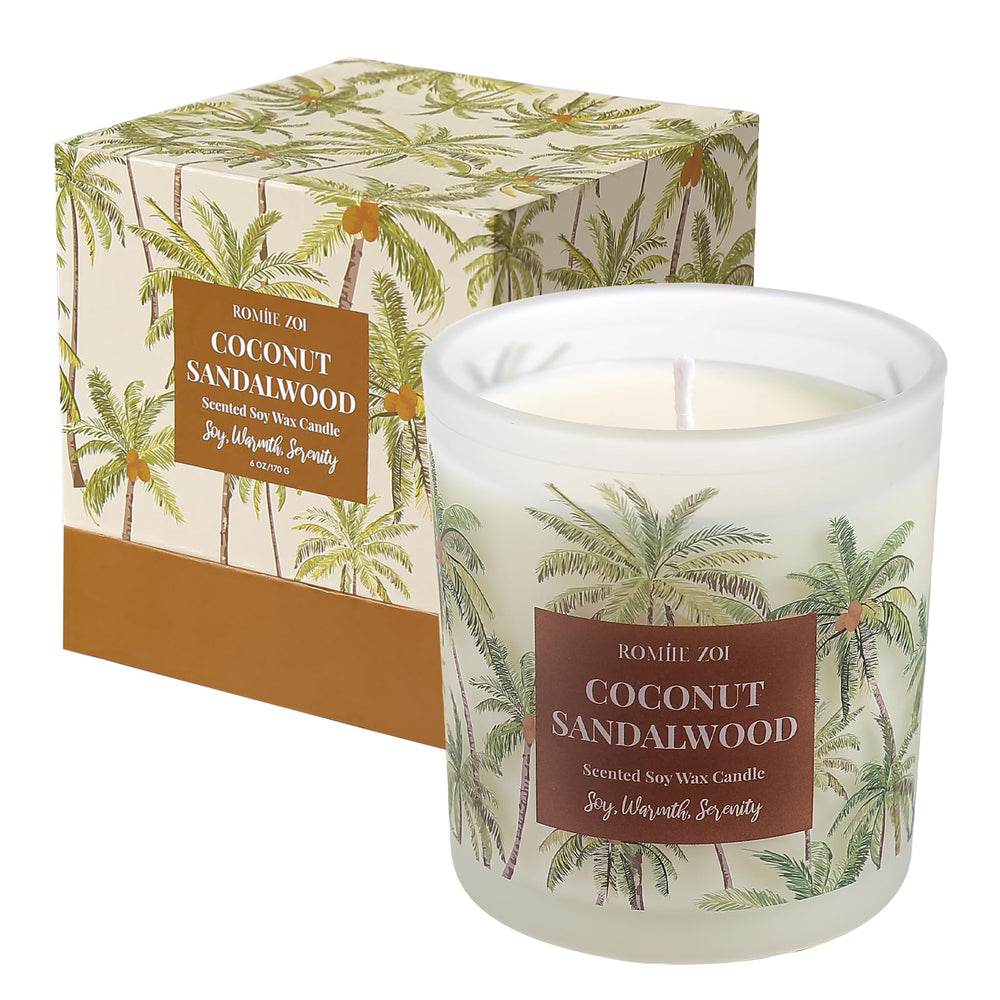 Close-up of ROMIIE ZOI Coconut & Sandalwood candle label