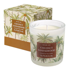 Close-up of ROMIIE ZOI Coconut & Sandalwood candle label