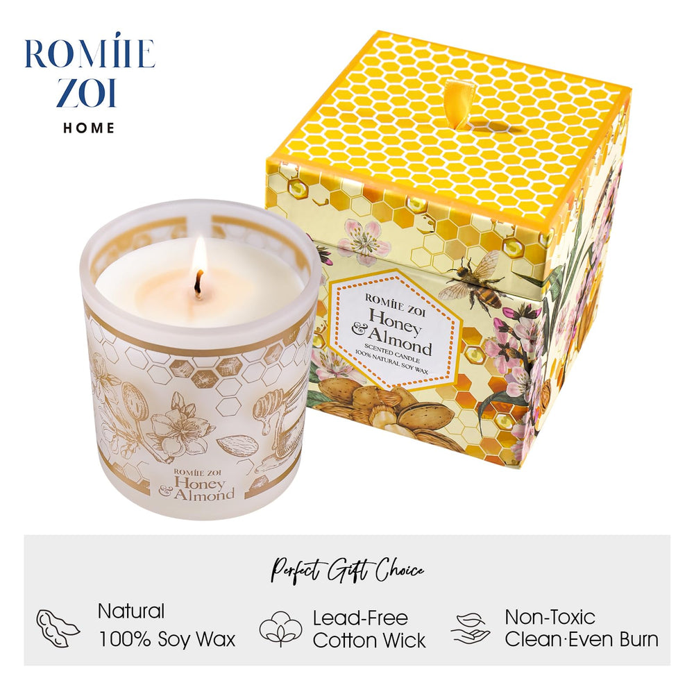 Close-up of ROMIIE ZOI Honey & Almond candle label