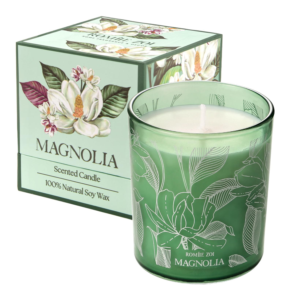 Front view of ROMIIE ZOI Magnolia candle in a 6oz (170g) jar