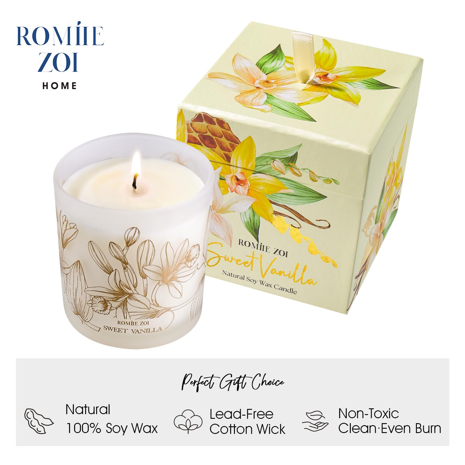 Close-up of ROMIIE ZOI Sweet Vanilla candle showing wax and wick