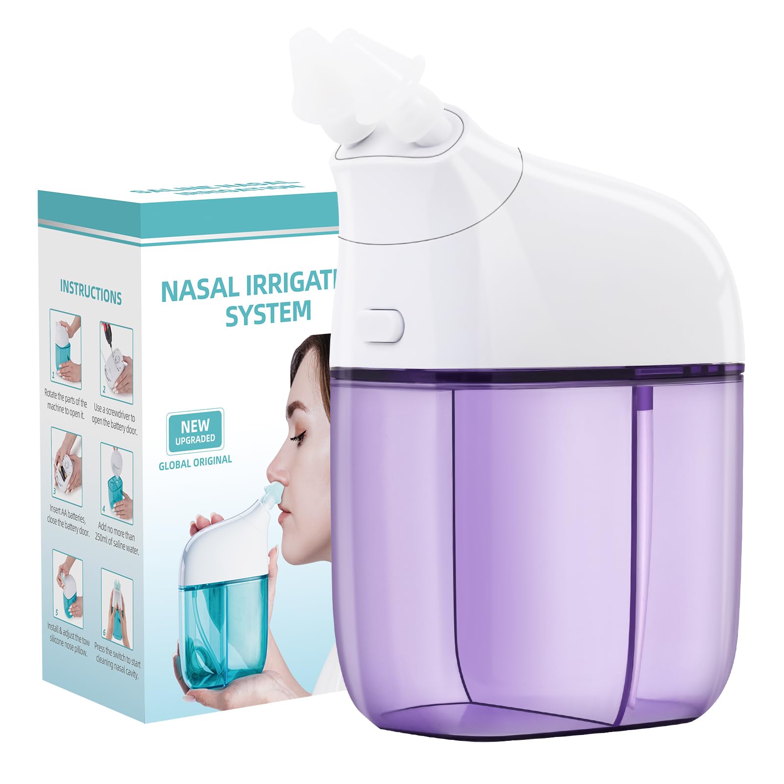 ronfnea nasal irrigation system front view purple showcases quick, comfortable nasal hygiene.