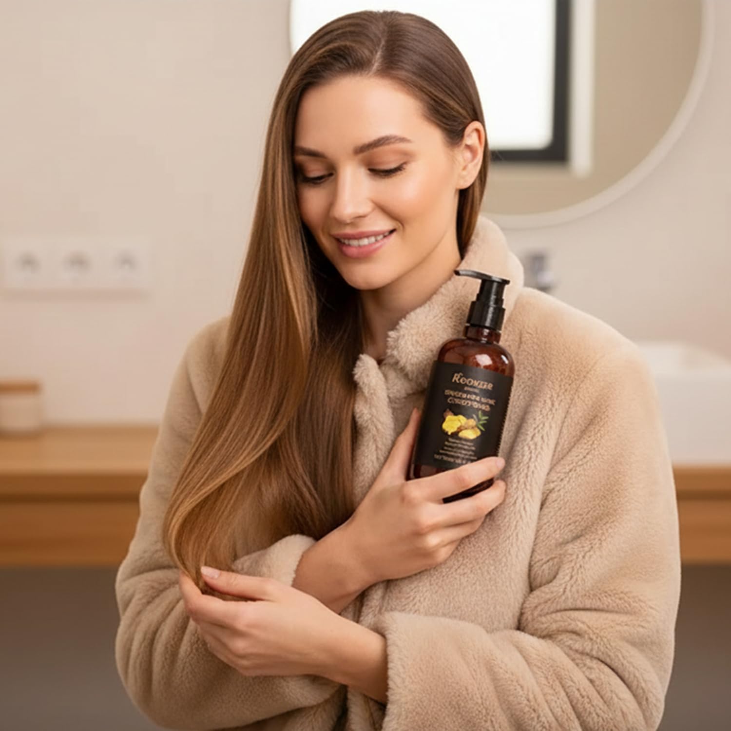 ROONZER Ginger Conditioner bottle pour demonstrates a light, non-greasy application
