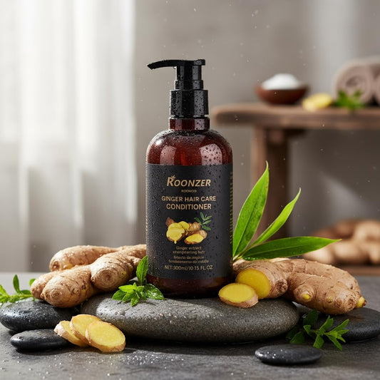ROONZER Ginger Oil close-up emphasizes natural ingredients supporting scalp comfort
