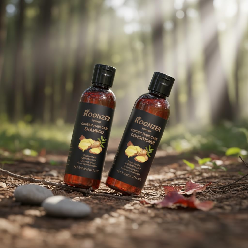 ROONZER Ginger Shampoo and Conditioner set packaging highlighting premium care
