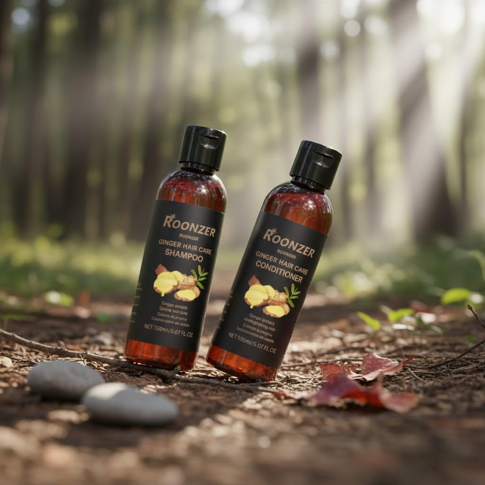 ROONZER Ginger Shampoo and Conditioner set packaging highlighting premium care