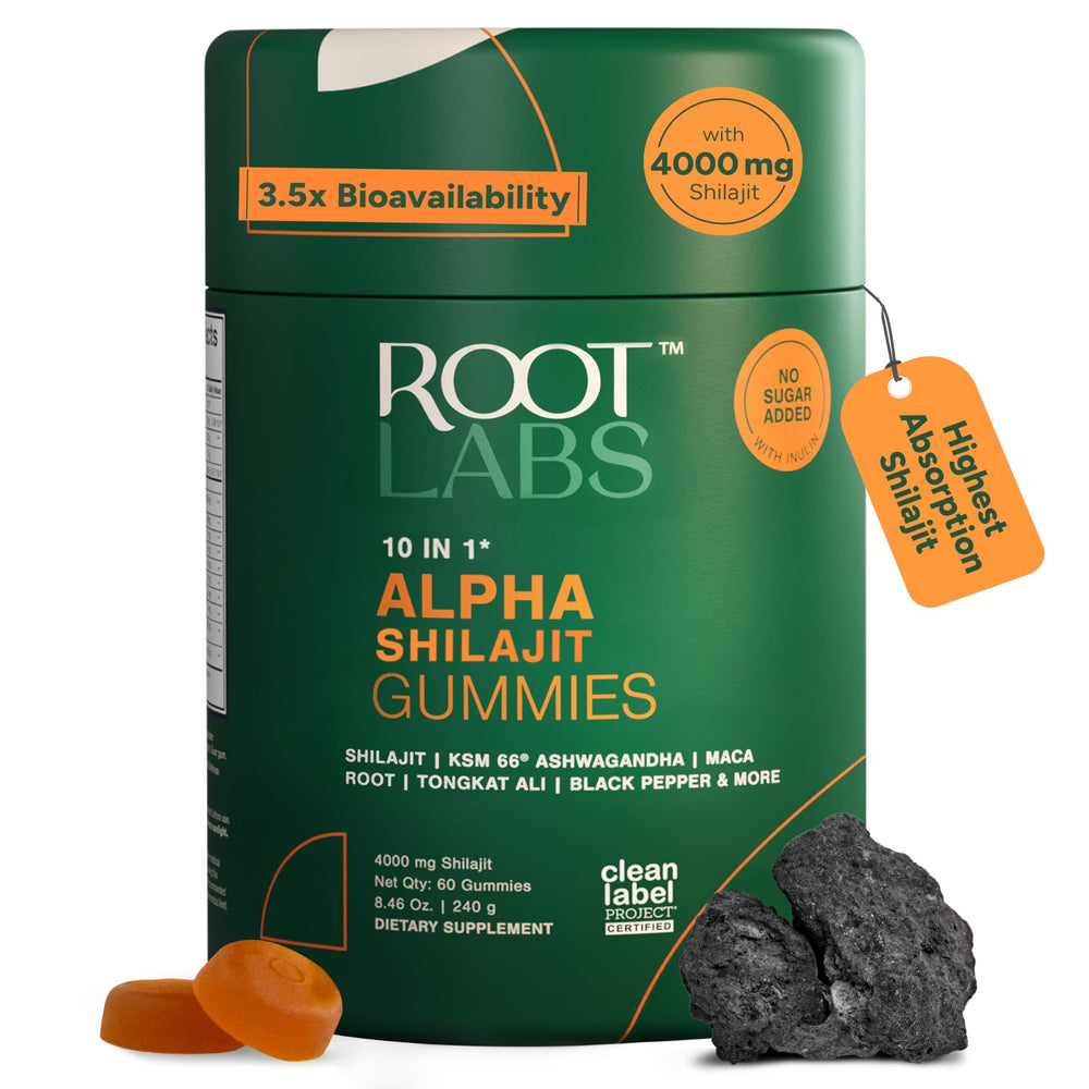 ROOT LABS 10-in-1 Alpha Shilajit Gummies bottle label front