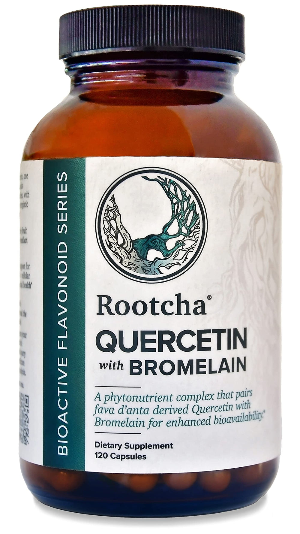 Rootcha Quercetin with Bromelain bottle and 120 capsules on white background