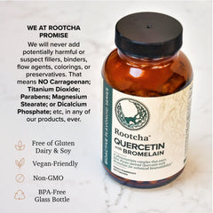 Front label of Rootcha Quercetin with Bromelain bottle highlighting 95% Quercetin Dihydrate