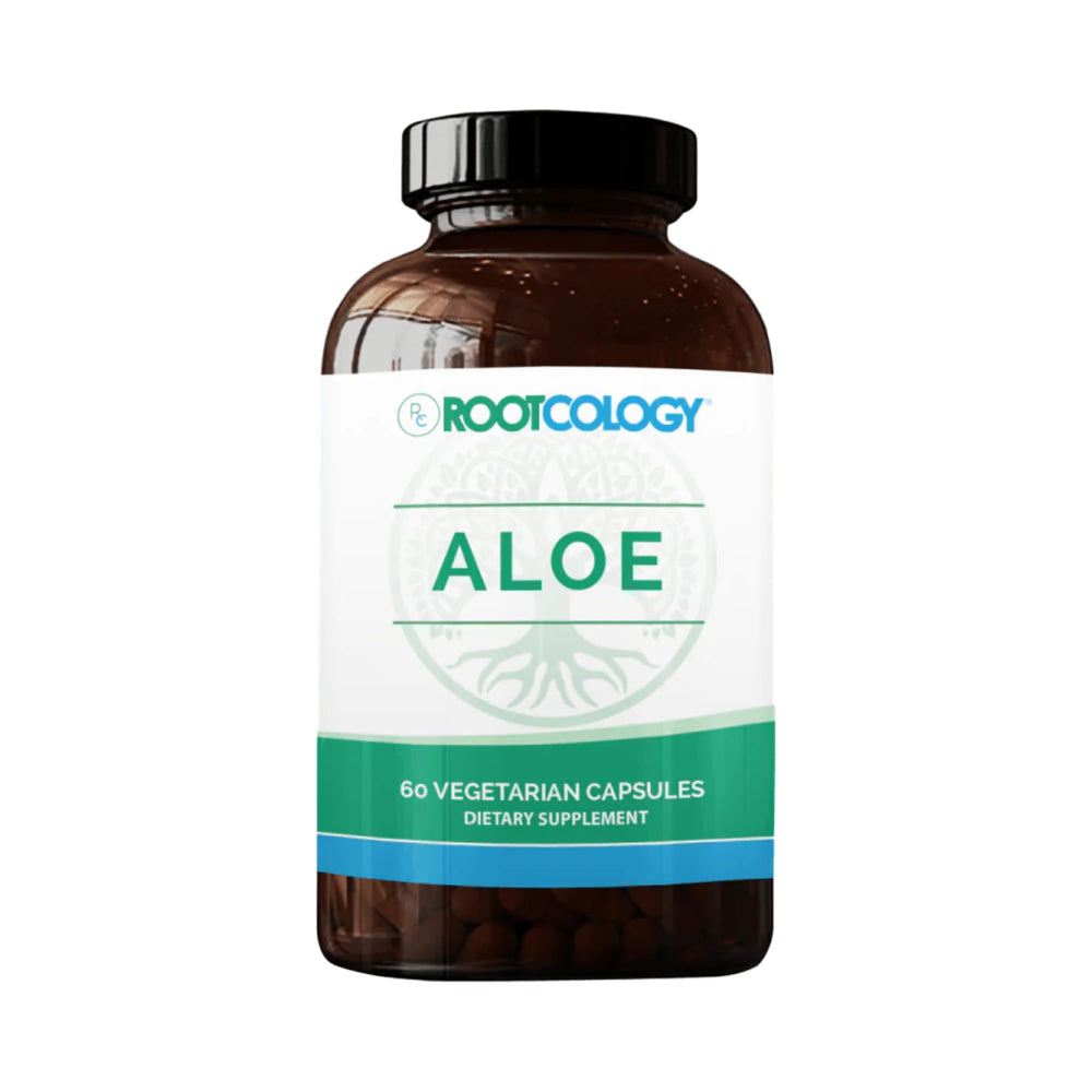 Bottle label showing Rootcology Aloe Vera Capsules for GI support